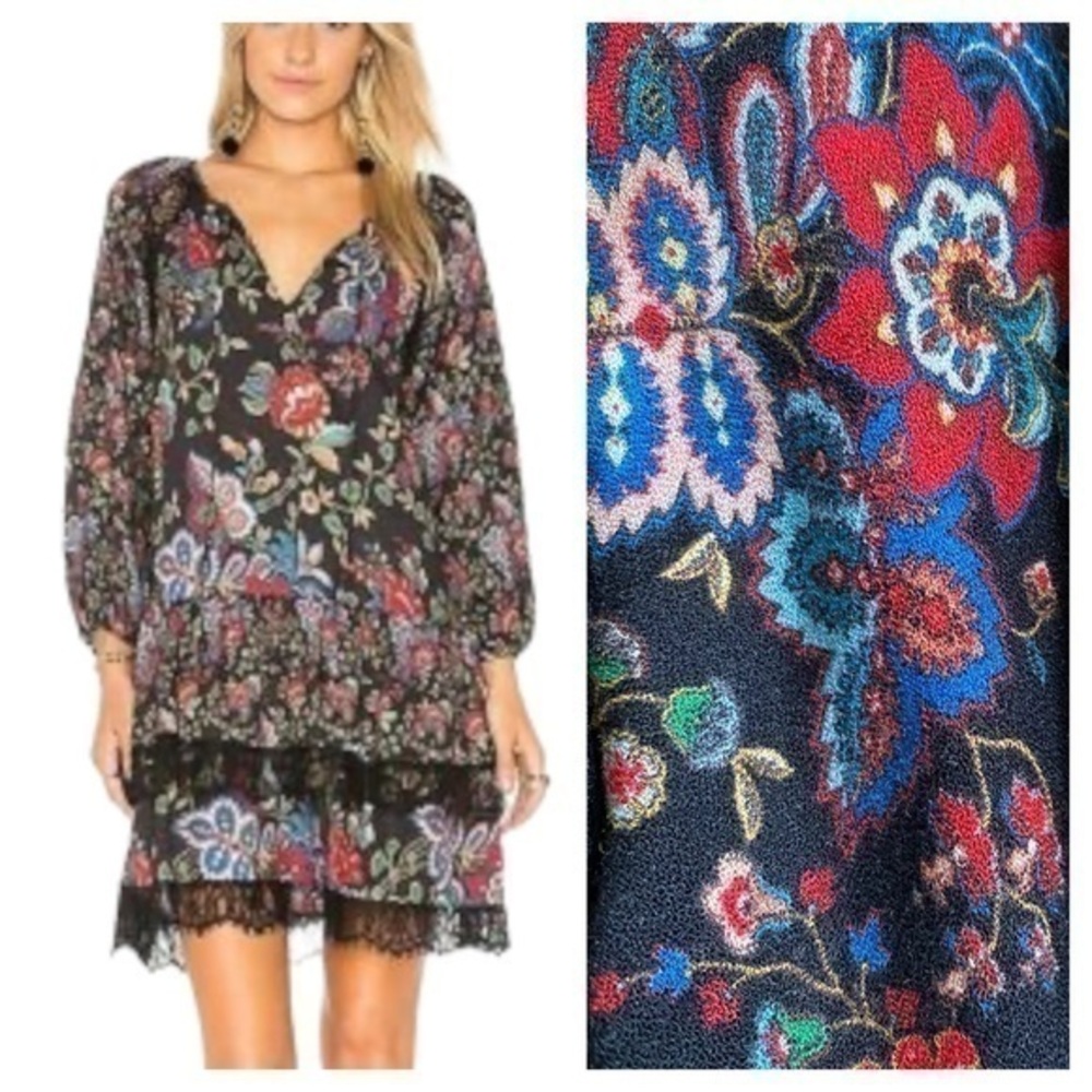 Alice + Olivia Black Colorful Gloria Tapestry Floral Print Lakita Tiered Dress S